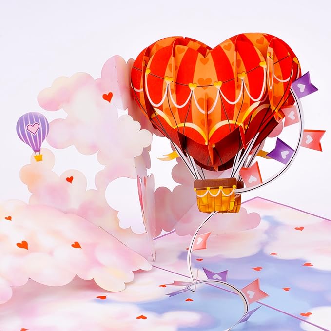 Heart Hot Air Balloon Pop Up Card, Cloud, Love 3D Popup Greeting Cards, Gifts For Valentines, Birthday, Mothers Day, Anniversary, Thinking Of You, 5x7 - Includes Envelope And Message Note