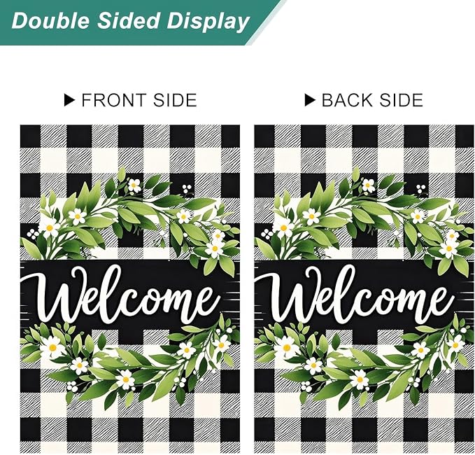 HOMETITUTE Welcome Spring Garden Flag 12x18 Double Sided Black and white Grid Seasonal Small Flags For Outside Outdoor Decor Yard Farmhouse Holiday Spring Summer Decorations Yard Flags