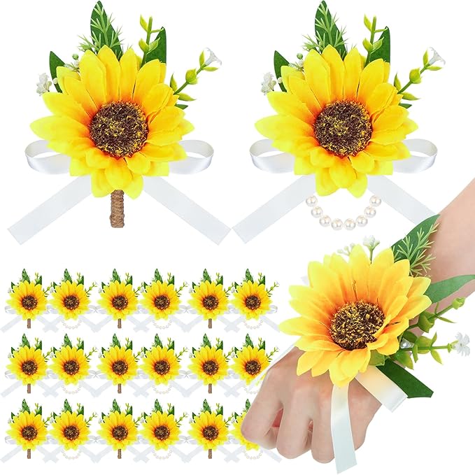 Zeyune 20 Pcs Sunflower Wrist Corsage and Boutonniere Set Including 10 Artificial Sunflower Boutonniere 10 Sunflower Corsage Wrist Flower for Prom Wedding Men Women Bride Groom Bridesmaid Formal Party