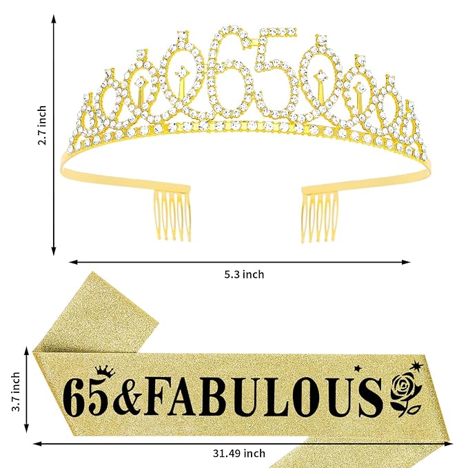 Casoty Gold 65th Birthday Sash and Tiara, 65th Birthday Decorations for Women, 65 & FABULOUS Sash and Crown, Party Supplies Favors for Women Gifts for Her