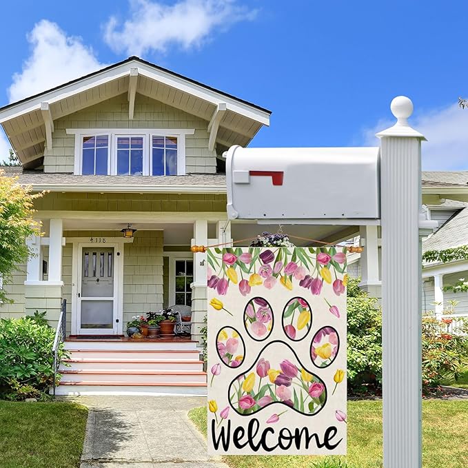 ZAEW Welcome Dog Paw Tulips Spring Garden Flag Summer Seasonal Yard Flag 12x18 Inch Double Sided Small Mini Yard Outdoor Outside Holiday Decoration