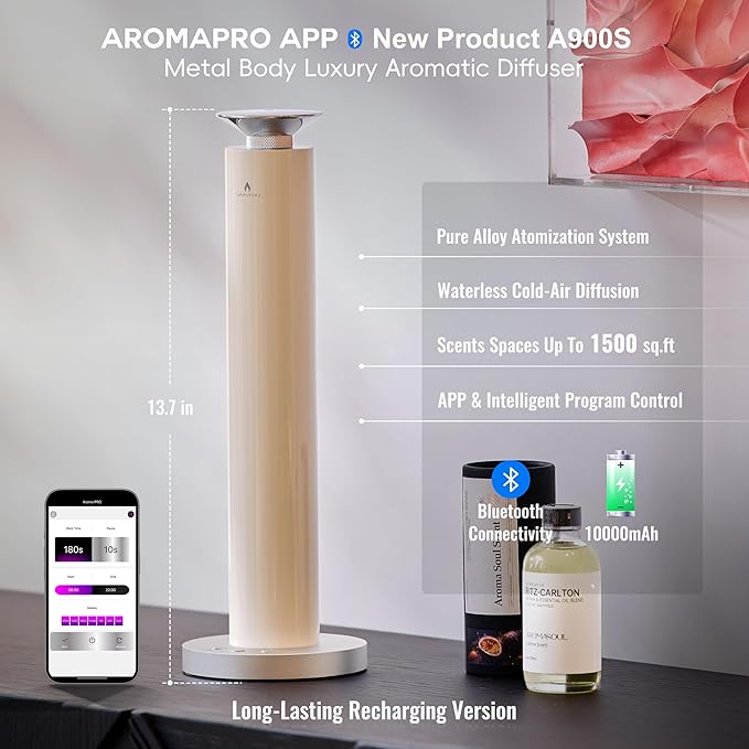 Waterless Scent Diffuser Starter Kit - Alloy Atomization System, Smart Rechargeable Hotel Scent Diffuser, 1500 Sq Ft Coverage, Including 120ml Essential Oil, for Home, Large Room, Spa, Cream