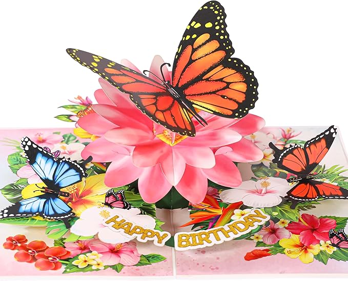 Butterflies Pop Up Birthday Card For Women&Wife, 3D Monarch Butterfly, Beautiful Flowers, Happy Birthday Greeting Cards, Ideal Gift For Mom, Sister, Her, Grandma, Aunt, Daughter, Girlfriend, 6x8 in
