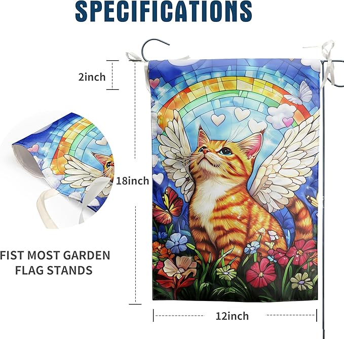 Stained Glass Orange Cat Garden Flag 12x18 Double Sided - Rainbow Bridge Memorial Gift for Loss of Pet - Bereavement Sympathy for Cat Lovers - Seasonal Small Outdoor Flag