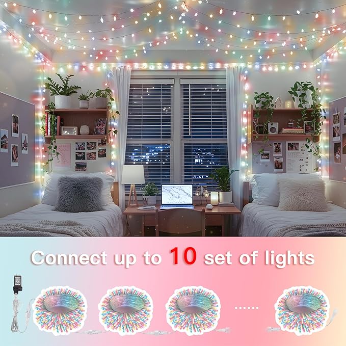 suddus String Lights Indoor Bedroom Connectable, 33ft 100 Led Multicolor Christmas Light Outdoor Clear Wire, Plug in Fairy Lights with Remote for Classroom Dorm Decorations
