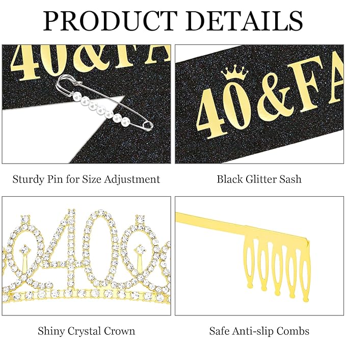 Casoty 40th Birthday Sash and Tiara, 40th Birthday Decorations for Women, 40 & Fabulous Sash and Crown Set, Gifts for Her, Birthday Party Supplies for Women