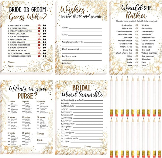 Teling 145 Pieces Bridal Shower Game Bridal Shower Favors Set Wedding Games Cards and Pencils for Bride Groom Bachelorette Party Wedding Party Favor(Golden Flower Style)