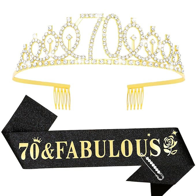 Casoty Gold 70th Birthday Sash and Tiara, 70th Birthday Party Decorations for Women, 70 and Fabulous Sash and Crown Set, Party Supplies Favors for Women, Gifts for Her