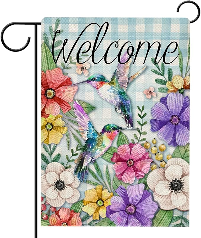 Hzppyz Welcome Spring Garden Flag Hummingbird, Decorative House Yard Lawn Outdoor Small Burlap Bird Flag Flower Decor, Blue Plaid Summer Farmhouse Seasonal Outside Decorations Double Sided 12 x 18
