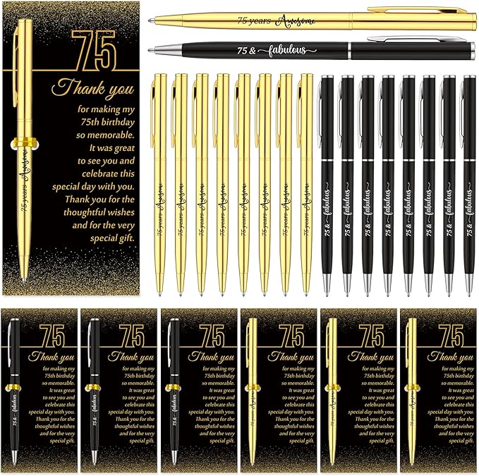 25 Sets 75th Birthday Themed Party Favors for Guests Including Birthday Ballpoint Pens and Black Gold Thank You Cards for Guests Anniversary Appreciation Gifts