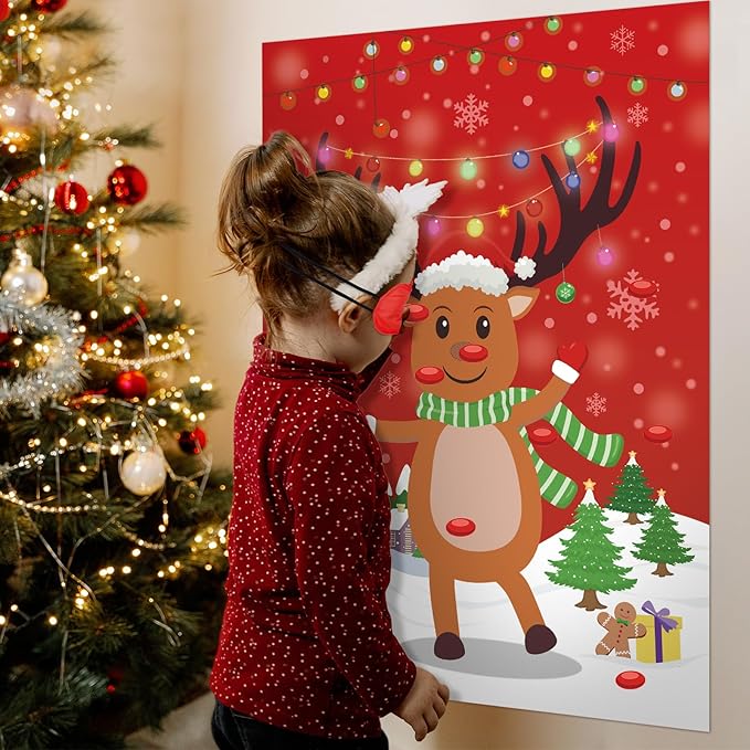Hooqict Christmas Games Pin The Nose on The Reindeer Christmas Holiday Party Games for Kids Family Party Activities, Large Reindeer Games Poster with 42 Nose Stickers
