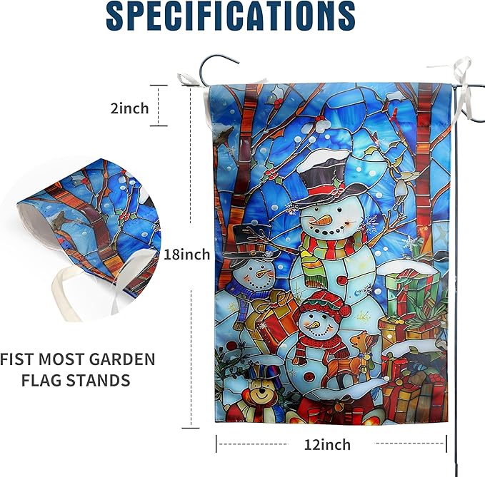 DZGlobal Stained Glass Snowman Garden Flag Merry Christmas Flag Hello Winter Yard Flag Happy Holidays Flag for Outside Welcome New Year Outdoor Flag 12x18 Double Sided, wintersnowman