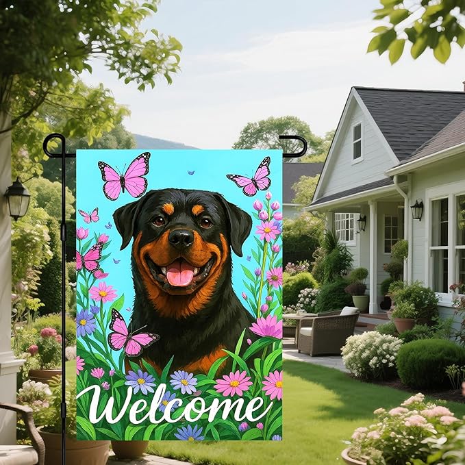 IVN Welcome Dog Garden Flag 12x18 Inch Double Sided Rottweiler Butterfly Flower Outdoor Yard Flag for Home Front Door Lawn Porch Summer Decor