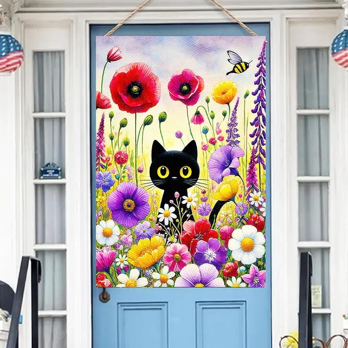 BlissYard Spring Black Cat Garden Flag Funny Floral Cat Garden Flag 12×18 Inch Double Sided Welcome Yard Flag Spring Seasonal Outdoor Colorful Floral Farmhouse Holiday Outside Decorations