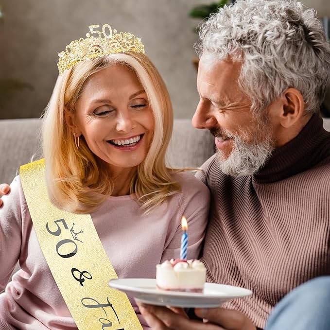 CIEHER 50th Birthday Decorations for Women - 50th Birthday Crown + 50 & Fabulous Birthday Sash + Pearl Pin Set, Gold 50th Birthday Tiara, 50th Birthday Gifts Women Friends