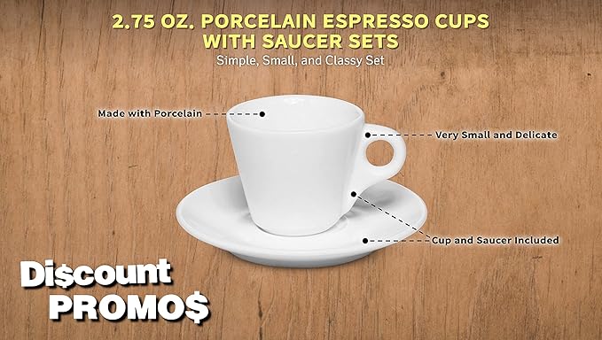 DISCOUNT PROMOS Espresso Cups with Saucer 2.75 oz. Set of 10, Bulk Pack - Perfect for Espresso, Tea, Other Beverages - White