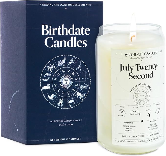 Birthdate Candles, July 22 - Cancer Zodiac Scented Candles Birthday Gift - Rose, Chamomile & Ylang Ylang Scent - All-Natural Soy & Coconut Wax, 60-80 Hour Burn Time - Made in USA