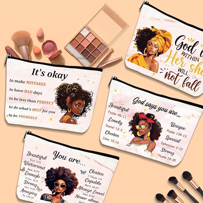 African American Makeup Bags - 4Pcs Inspirational Gifts for Black Women, Afro Queen Cosmetic Toiletry Bags with Zipper Pouch Organizer, Black Girls Owned Gifts for Friends Sisters Mom