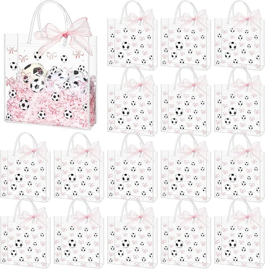 Sweetude 24 Pcs Soccer Clear Treat Bags with Handles Bulk Soccer Goodie Bags Sport Theme Party Gift Favor with Pink Bow Ribbon for Girl Youth Team Snack Birthday Gifts 7.9 x 7.9 Inch