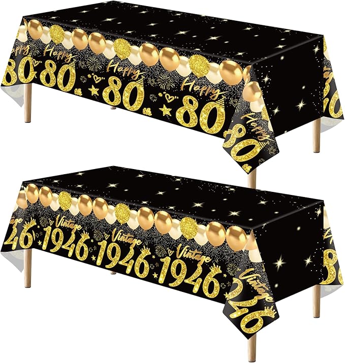 2pcs 80th Birthday Tablecloth, Black Gold 80th Birthday Decorations for Men Women Vintage 1946 Table Cloth Plastic Rectangular Table Cover Happy 80 Anniversary Party Supplies