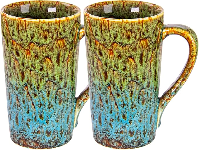 20oz Porcelain Coffee Mugs Set of 2, Large Tall Coffee Mugs with Handles, Modern Ceramic Coffee Cups for Tea, Cocoa, Milk, Gifts for Women Men - Green & Blue