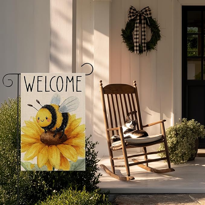 Garden Flags, Welcome Garden Flag, Bee Sunflower Flag Double-Sided Flags for Farmhouse Yard Outdoor-12 x 18inch (WELCOME BEE)