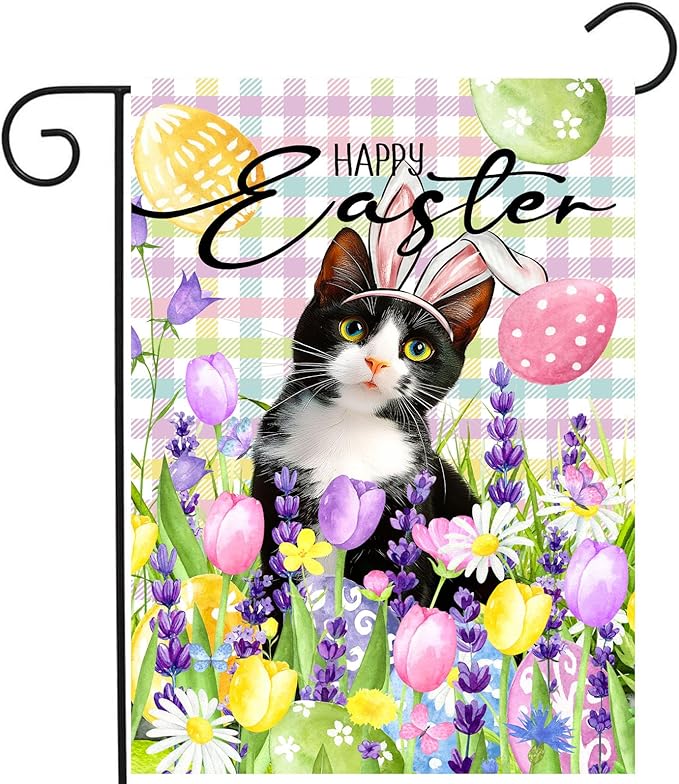 Happy Easter Cat Garden Flag Tuxedo Cat Spring Flags Buffalo Plaid Bunny Eggs Yard Flag for Outside 12x18 Double Sided Small Decorative Floral Outdoor Flag