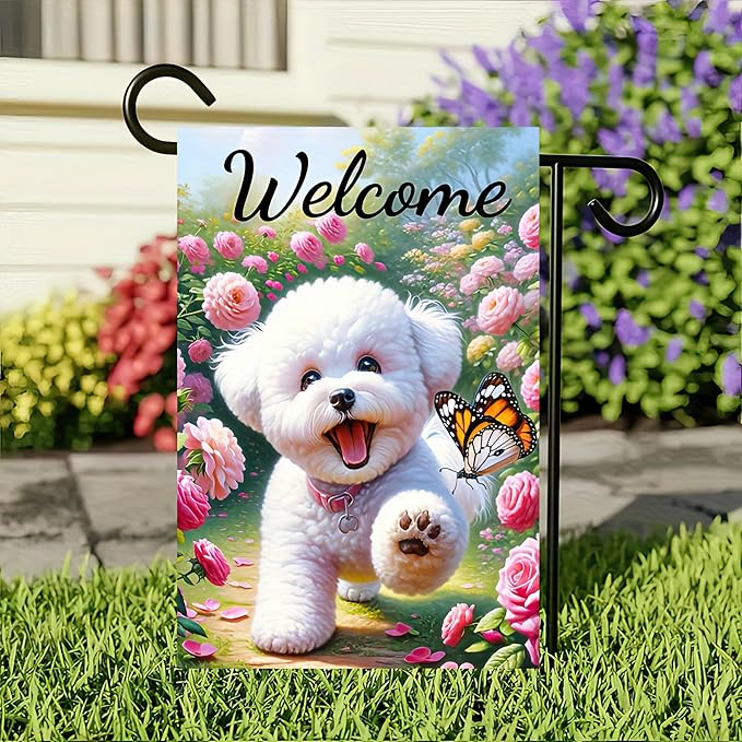 BlissYard Welcome Garden Flag Spring Summer Dog Garden Flag 12x18 Inch Double Sided Cute Bichon Frise Puppy Floral Butterfly Outdoor Yard Lawn Porch Decor Banner