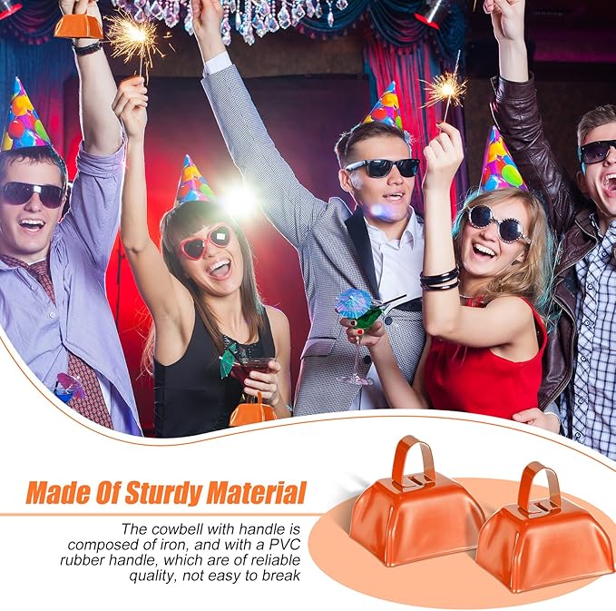 Yeshone 48 Pcs Metal Cowbells with Handles Loud Noise Makers Small Hand Percussion Cowbells for Football Events, Wedding, Graduation Team Cheering(Orange)