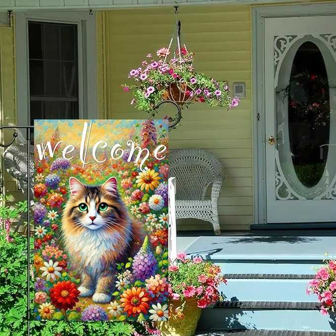 BlissYard Spring Welcome Cat Garden Flag Double Sided 12x18 Inch Tabby Cat Garden Flag Funny Floral Tulip Cats Flags Vertical Farmhouse Welcome Yard Spring Summer Seasonal Outdoor Porch Decor