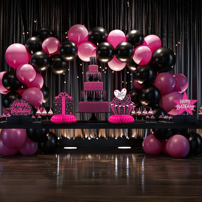 Hot Pink and Black Birthday Decorations – 12PCS Honeycomb Table Centerpieces for Girls Teens Women – Happy Birthday Table Decor Party Supplies