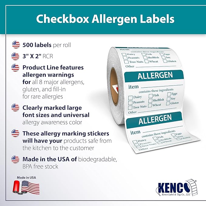 Kenco Allergen Warning Stickers - 3" X 2" Label, 500 Allergy Warning Labels Per Roll in Universal Allergy Awareness Colorway (1 Pack, 3X2 Check Boxes)