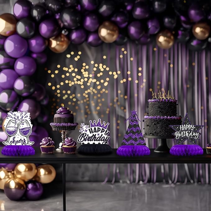 Black and Purple Birthday Decorations – 12PCS Honeycomb Table Centerpieces for Women Men Adults – Happy Birthday Table Decor Party Supplies
