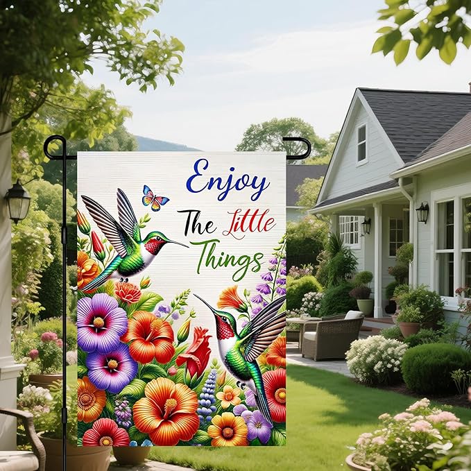 IVN Christmas Garden Flag 12x18 Inch Double Sided Hummingbirds Butterfly Colorful Flowers Enjoy the Little Things Outdoor Yard Flag for Outside Front Door Lawn Porch Patio Welcome Decor