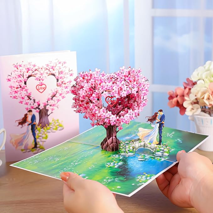Pop Up Anniversary Cards, 3D Heart Cherry Blossom, Bridge with Couple Wedding Cards for Wife, Husband, Her, Him, Girlfriend, Ideal Gift for Birthday, Wedding, Valentines, Mothers Day, 6x8 inch