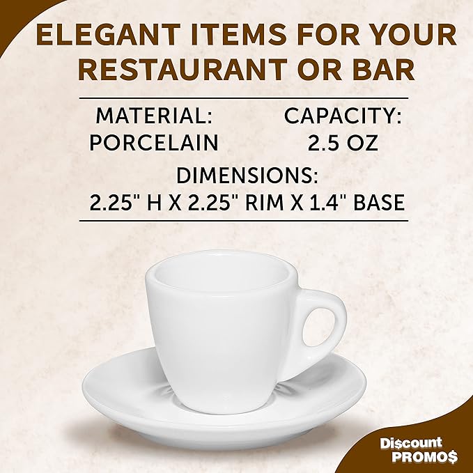 DISCOUNT PROMOS Espresso Cups with Saucer 2.5 oz. Set of 10, Bulk Pack - Perfect for Coffee, Tea, Espresso, Hot Cocoa, Other Beverages - White