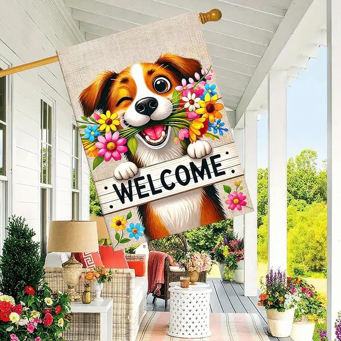 BlissYard Welcome Spring Summer Garden Flag 12x18 Inch Double Sided Welcome Happy Cute Puppy Dog Outdoor Garden Flag Flower House Seasonal Yard Outside House Decoration
