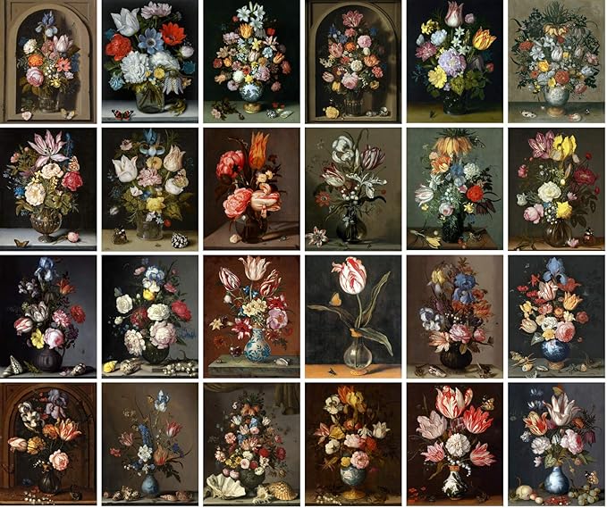 PIXILUV Vintage PostCards 24 pcs Vintage PostCards 24 pcs FLOWERS BOUQUET STILL LIFE Antique Museum Painting Art by Balthasar Retro Poster REPRINT