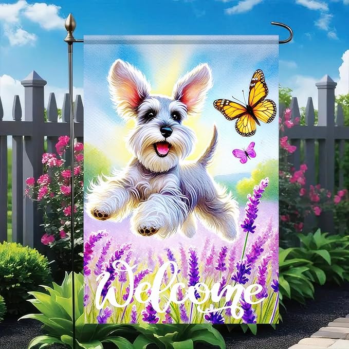 BlissYard Spring Garden Flag Welcome Garden Flag Spring Summer Dog Flags 12x18 Inch Double Sided Schnauzer Puppy Lavender Florals Butterfly Outdoor Yard Lawn Porch Decor Banner