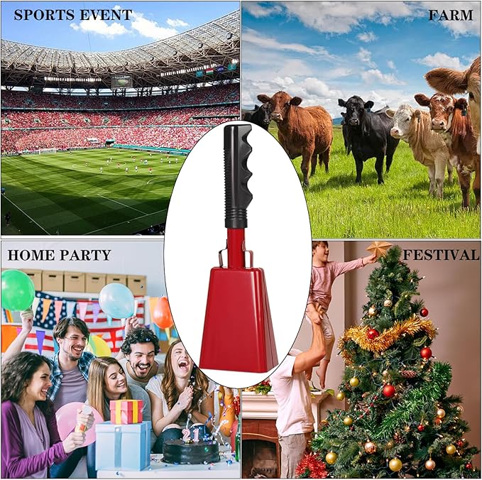 10inch Metal Cowbells with Handle, 1Pcs Cow Bells with Wrist Strap for Sporting Events, Football Games,Party, Concert, Graduations, Farm Ranch, Red