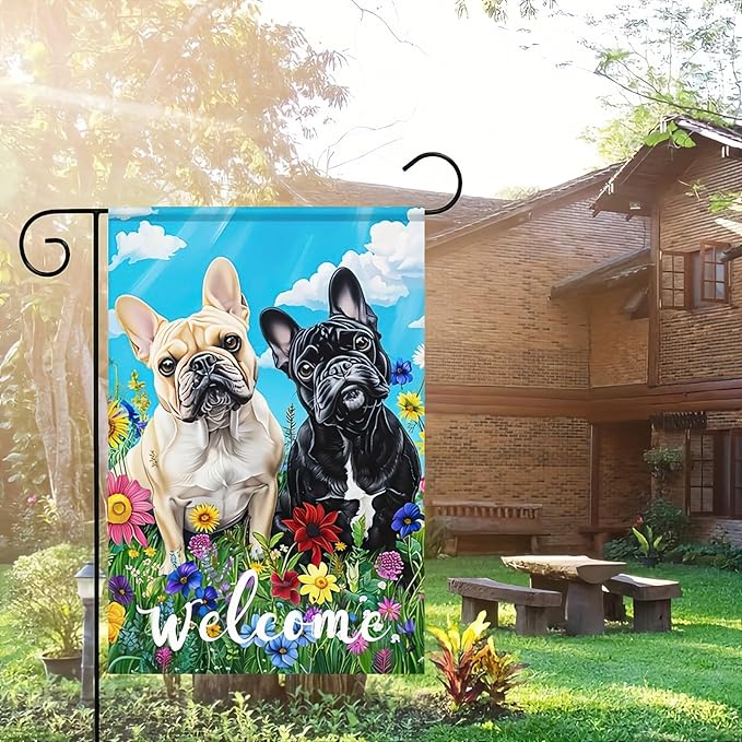 HOMETITUTE Welcome Spring Garden Flag Bulldog Garden Flag For Outside Spring Summer Flag Double Sided 12x18 Inch Outdoor Decor Dog Yard Flag Summer House Yard Patio Porch Decoration