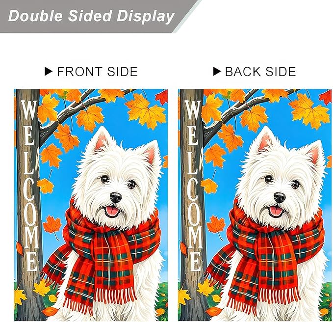 BlissYard Welcome Fall Garden Flag 12x18 Inch Double Sided White Dog Flags with Plaid Scarf Yard Banner Autumn Leaf Small Flag for Porch Lawn Outdoor Thanksgiving Decoration