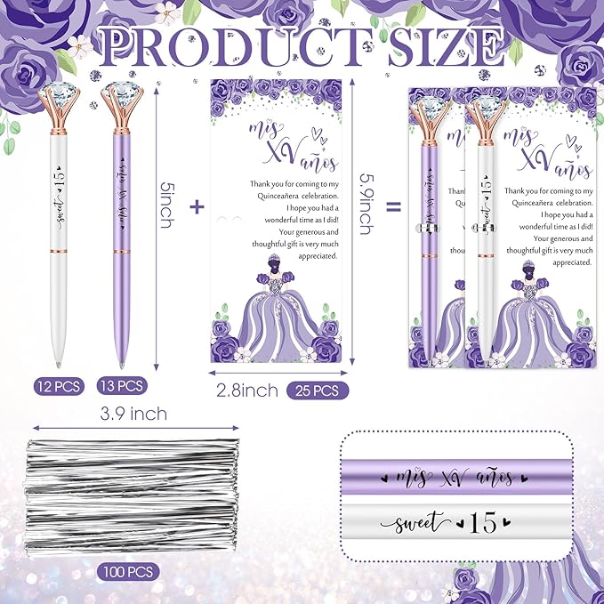 25 Set Quinceanera Party Favors for Guest Sweet 15 Diamond Pens Bulk Mis XV Años Fancy Ballpoint Pen with Thank You Cards and Ties 15th Birthday Thank You Gifts(White, Purple)