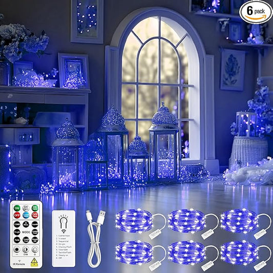 HXWEIYE 6 Pack Rechargeable Fairy Lights Battery Operated with Remote & DIY Timer, 7ft 20LED Mini Twinkle String Light for Mason Jar DIY Wedding Table Centerpieces Party Bedroom Christmas (Blue)