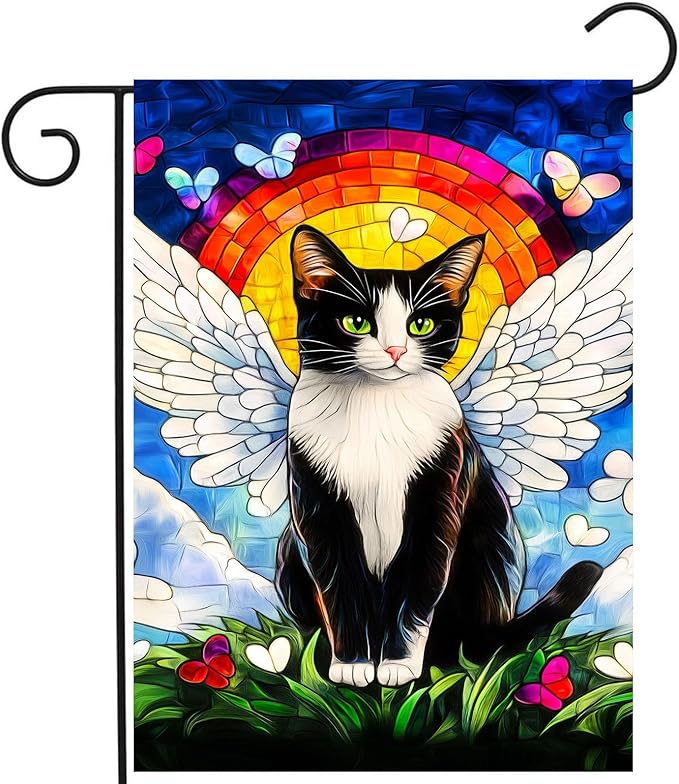 Stained Glass Tuxedo Cat Garden Flag 12x18 Double Sided - Rainbow Bridge Memorial Gift for Loss of Pet - Bereavement Sympathy Gift for Cat Lovers - Seasonal Small Flags for Outside