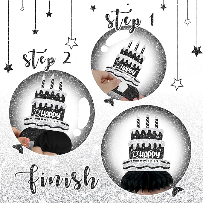 Black and Silver Birthday Decorations – 12PCS Honeycomb Table Centerpieces for Men Women Adults – Happy Birthday Table Decor Party Supplies