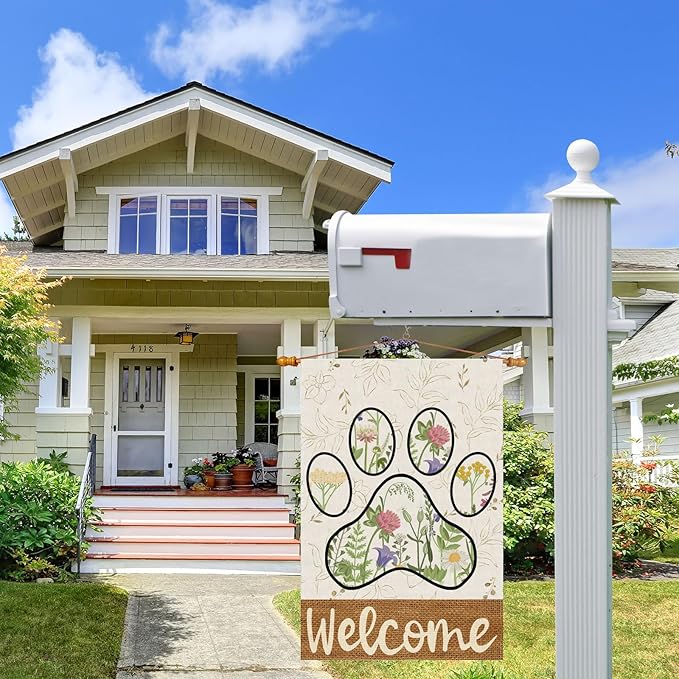 ZAEW Welcome Dog Paw Wildflowers Leaves Spring Garden Flag Summer Seasonal Yard Flag 12x18 Inch Double Sided Small Mini Yard Outdoor Outside Holiday Decoration