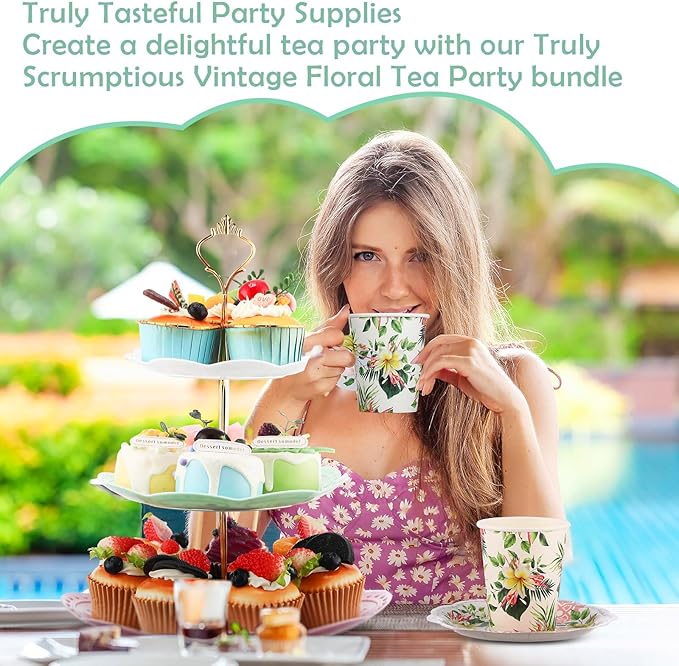 Layhit 83 Pcs Floral Tea Party Set for Girls Disposable Vintage Tableware with 3-Tier Cake Stand, 12 Serves Paper Cups and Saucers, Plates, Napkins, Cutlery for Birthday, Baby Shower
