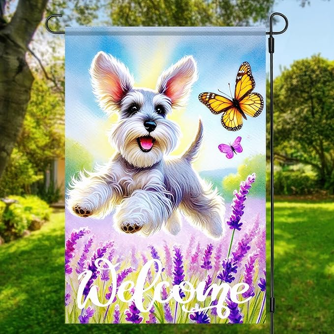 BlissYard Spring Garden Flag Welcome Garden Flag Spring Summer Dog Flags 12x18 Inch Double Sided Schnauzer Puppy Lavender Florals Butterfly Outdoor Yard Lawn Porch Decor Banner