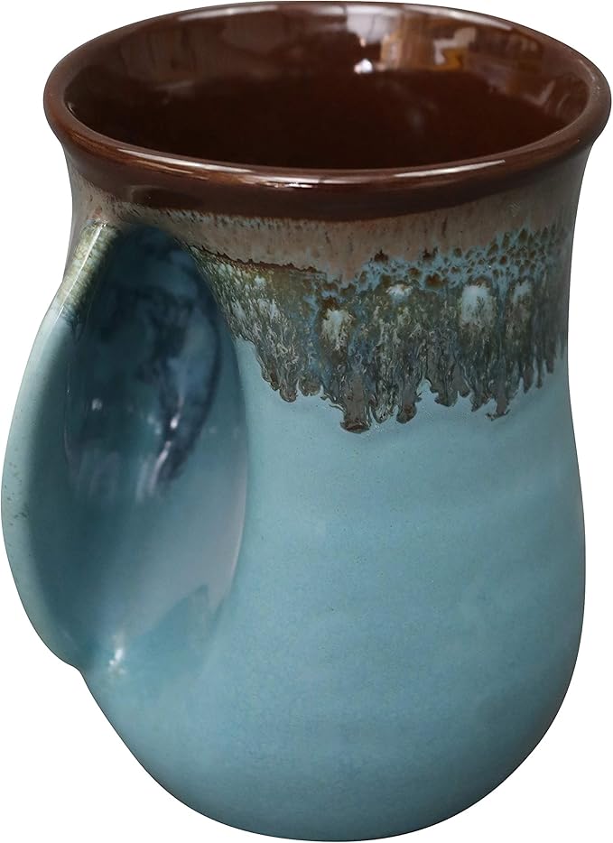 Clay in Motion Hand Warmer Coffee Mug – Handmade Coffee Mug With Comfortable Handle Contoured Pocket Hand Warming Ceramic Coffee Mug – Proudly Made in USA – Left Handed – 14 Oz - Ocean Tide